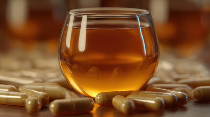 Biohacking longevity supplement capsule and amber liquid in glass bowl with warm light creating healing mood