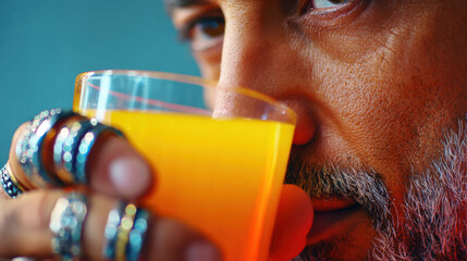 Biohacking longevity man drinking orange juice close up portrait with rings and textured skin showing wellness focus