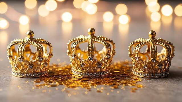 Three golden royal crowns with sparkling jewels on a glittering surface with bokeh lights.
