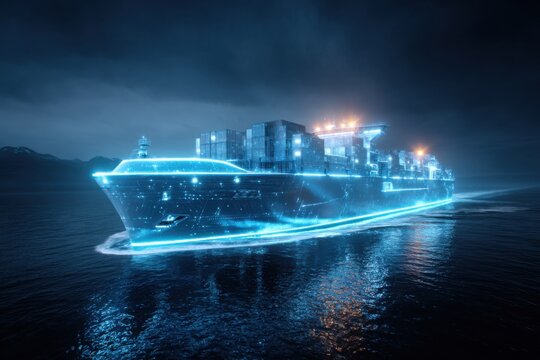 Futuristic cargo ship glowing with blue light at night on calm waters, showcasing advanced design and technology in maritime transport