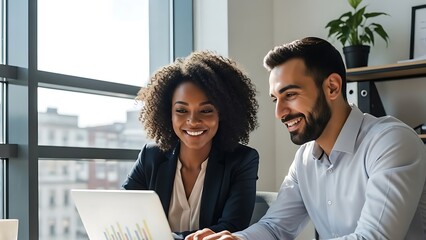 Happy diverse business colleagues working together on a laptop in a modern office.