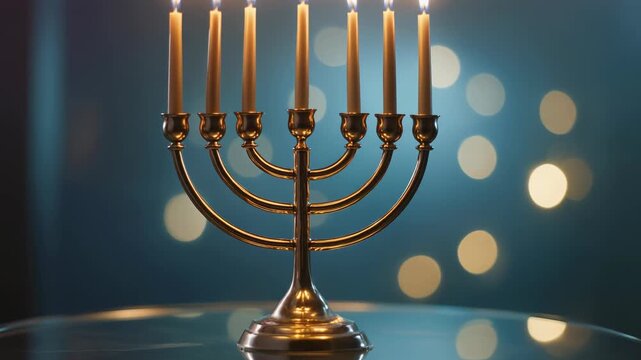 &ldquo;Realistic menorah with polished metal texture, glowing golden candles, 
