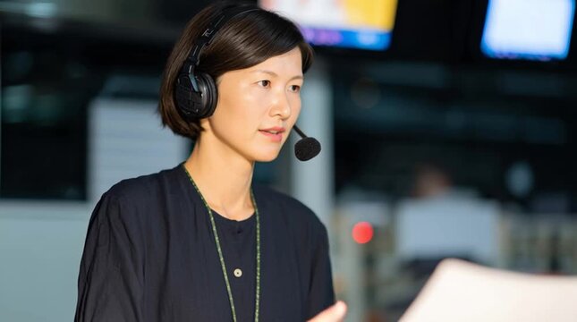 Kyrgyz professional provides simultaneous translation in a translation booth. Asian talent who works on a TV, in media industry, translates political meeting