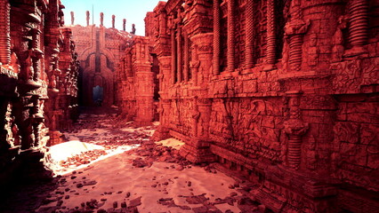 Intricate carvings adorn towering stone walls, glowing under the bright sun. A path of sand leads adventurers deeper into this forgotten civilization, evoking curiosity and wonder.