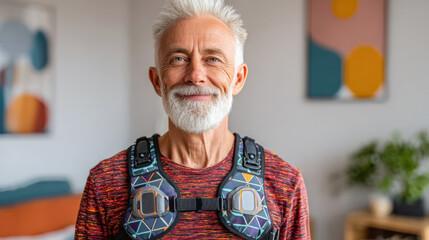 Fit senior man wearing wearable device vest smiling at home showing biohacking and longevity lifestyle