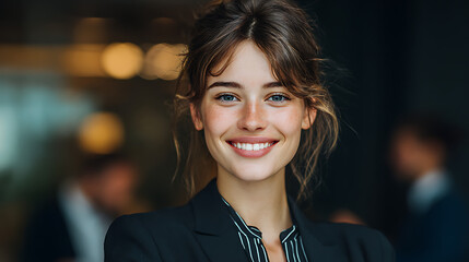 professional female business woman smiling directly at the camera in corporate office environment highlighting confident career leadership and successful corporate image