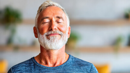 Serene man beard closed eyes biohacking longevity peaceful portrait mature meditation