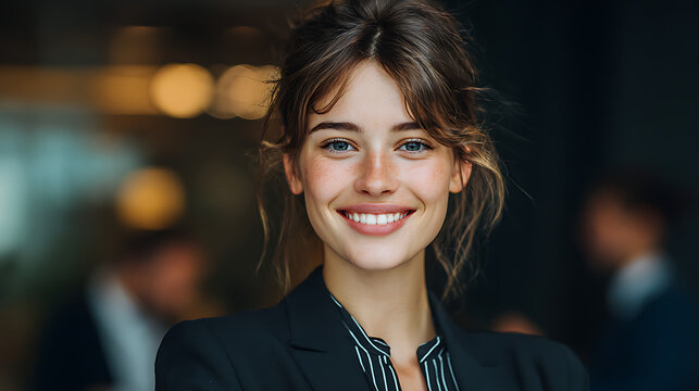 professional female business woman smiling directly at the camera in corporate office environment highlighting confident career leadership and successful corporate image