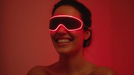 Young woman wearing red LED eye mask smiling in neon wellness portrait blending biohacking and longevity benefits