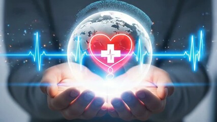 Global health care concept with glowing heart and electrocardiogram pulse over hands protecting earth digital network medical technology innovation - Powered by Adobe