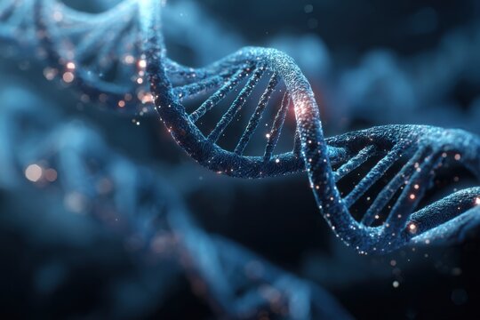 Glowing double helix structure of an abstract DNA molecule showcasing intricate patterns and luminous details in a dark background