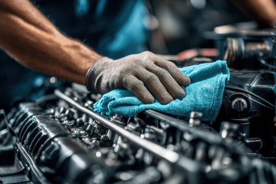 Mechanic performs engine maintenance while cleaning with a blue cloth in an auto repair shop during daytime - Powered by Adobe
