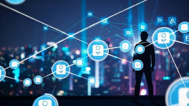Futuristic digital network connection concept with silhouette of person overlooking city skyline at night glowing data icons and lines representing global communication and technology innovation - Powered by Adobe