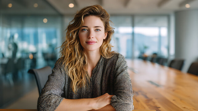 professional young woman seated at a long table in a modern bright office preparing for a corporate meeting showing calm confidence leadership focus and a composed business mindset - Powered by Adobe