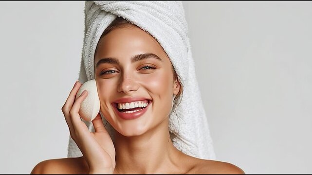 Fresh-faced woman with towel on head using facial sponge, highlighting clean skincare routine and natural glowing complexion