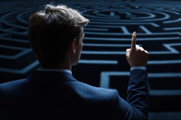 Businessman in a suit pointing towards a labyrinth representing decision-making challenges and solutions in a corporate environment