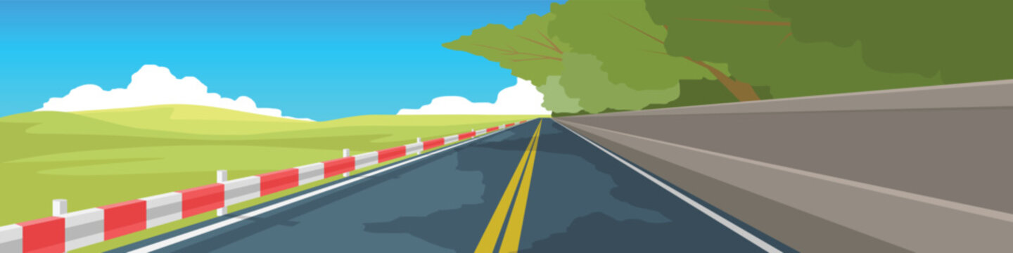 Banner landscape of wide asphalt road destination ahead. On one side is a dense forest with a barrier and on the other side guardrail is a vast hill. Under blue sky and white clouds.