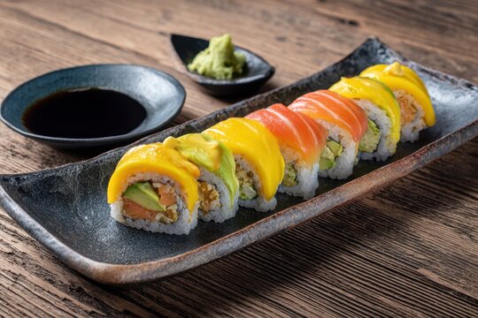 Fresh mango sushi rolls served on a rustic wooden table with wasabi and soy sauce in a vibrant vegan fusion cuisine setting