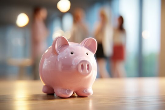 Piggy bank positioned on a table with blurred figures discussing saving money in the background during a casual gathering