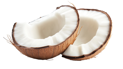 Single coconut slice with fresh white flesh curved tropical fruit piece natural edible segment clean detail isolated on white background
