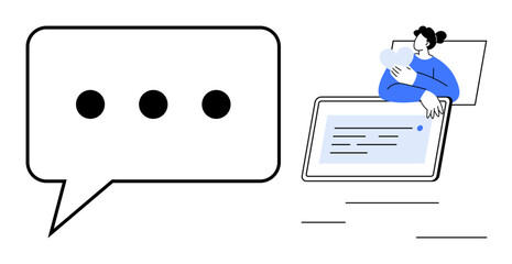 Messaging concept. Messaging with a chat bubble and a person holding a heart shape beside a tablet. Messaging for communication, apps, customer support, and social media. Usage communication tools