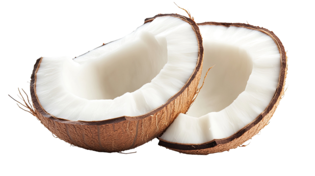 Single coconut slice with fresh white flesh curved tropical fruit piece natural edible segment clean detail isolated on white background
