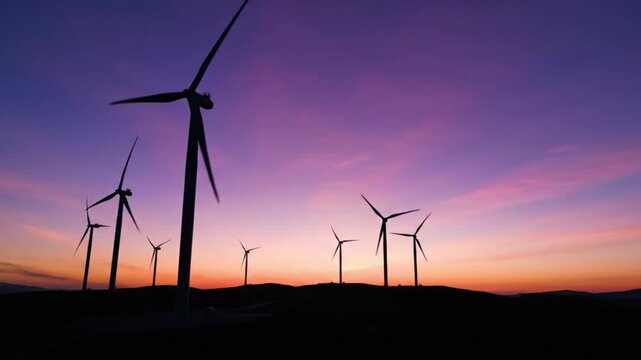 Silhouette of wind turbines against a vibrant purple and orange sunset sky on a rolling hill