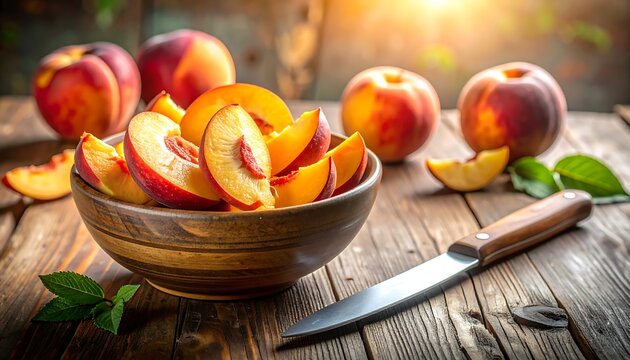 Sliced fresh fruit in a wooden bowl with whole peaches and knife