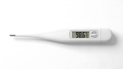 Modern white digital clinical thermometer displaying 98.6 degrees Fahrenheit, symbolizing accurate body temperature measurement and essential health monitoring for personal wellness
