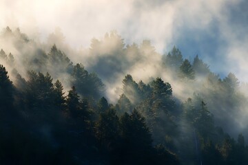 Fototapeta premium Sunlight illuminates dense evergreen trees shrouded in rising mist on a mountainside.
