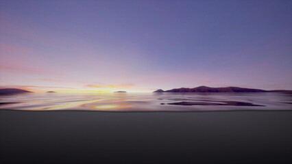 Fototapeta premium Gentle waves lap at the shore as the sun begins to rise, painting the sky in shades of orange and pink. Silhouettes of distant islands create a serene backdrop against the calm water.