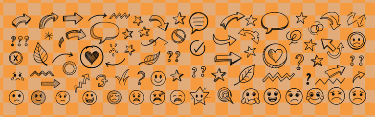 Hand drawn doodle elements featuring arrows stars leaves and speech bubbles on orange background
