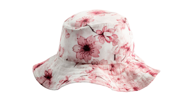 Sakura hat with delicate cherry blossom detail soft floral accessory elegant seasonal headwear styled spring motif isolated on white background