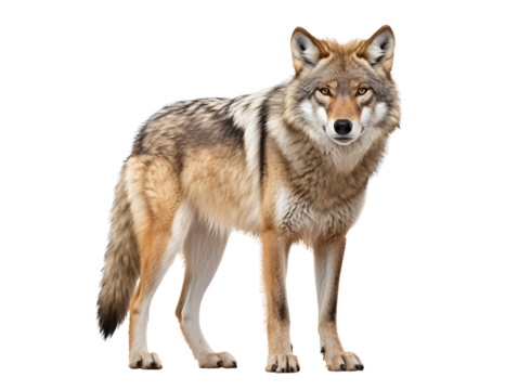 PNG file A focused coyote, a portrait of a wild animal. The coyote gazes with intent, its fur a mix of tan and grey. The image is a striking display of wildlife in a simple yet impactful setting. 