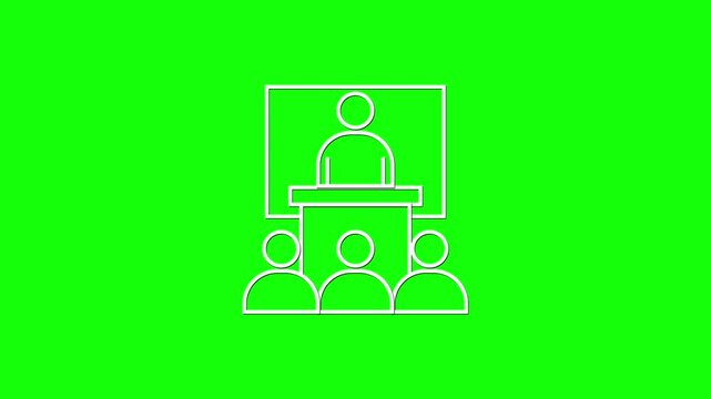 Business presentation icon animation on green screen background, glowing speaker at podium with audience, seminar training conference illustration for corporate education