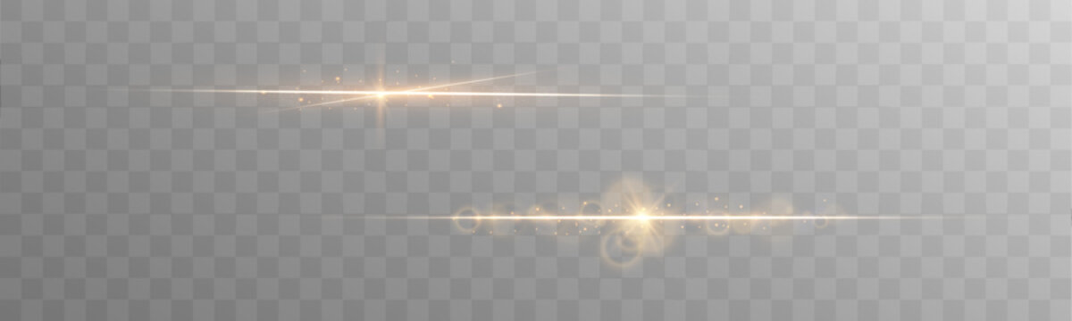 A golden streak flows horizontally with shimmering brilliance and warm radiant glow. Tiny glitter sparks follow the curve of the line. Perfect as an elegant divider for luxury compositions. Vector.