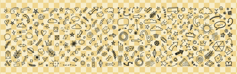 Hand drawn doodle pattern with arrows hearts stars clouds flowers and other decorative elements