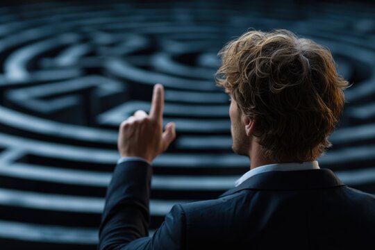 Businessman in a suit points to the center of a labyrinth while contemplating strategies for success