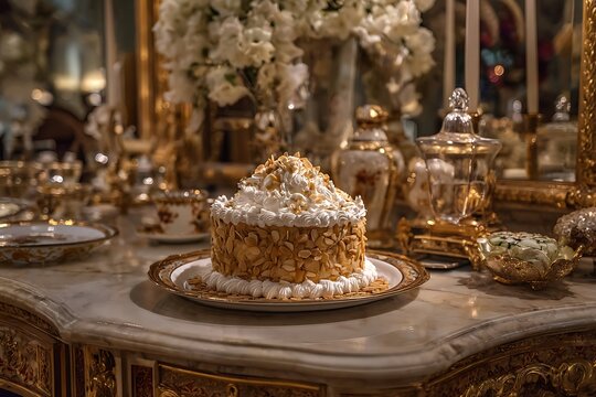 Ornate dessert creation rests upon a richly decorated marble surface surrounded by gilded accents