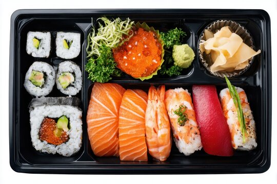 Delicious Japanese sushi bento lunch pack featuring fresh seafood, vibrant colors, and a mix of flavors served in an elegant black tray - Powered by Adobe