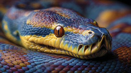 Obraz premium coiled python snake with colorful scales in a tropical indonesian forest showing exotic reptile habitat and snake patterns