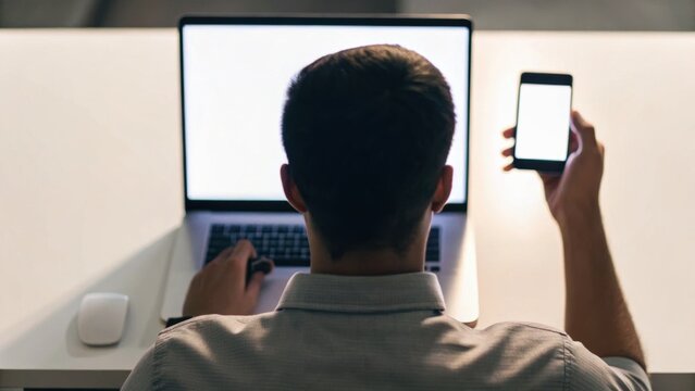 A person using a laptop while holding a smartphone, appearing focused on digital devices in a modern workspace setting.