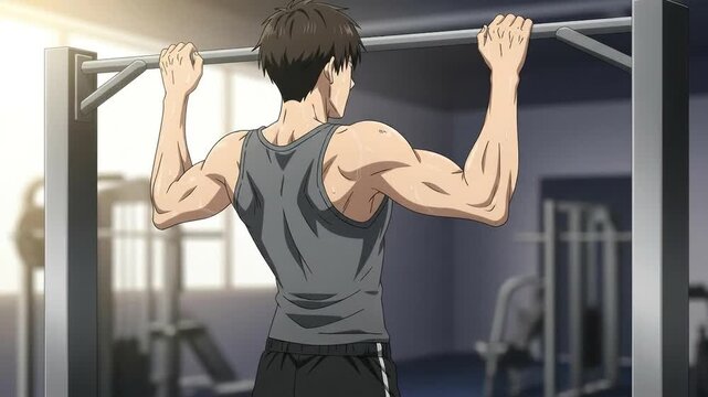 Man performing pull ups in a gym with fitness equipment and sunlight