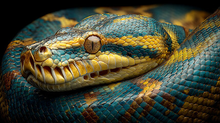 Fototapeta premium coiled python snake with bright vibrant scales in indonesia representing exotic wildlife reptiles natural forest environment and textures