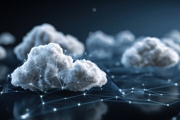 Digital cloud computing network integrating data visualization elements with interconnected clouds and neon highlights in a futuristic setting