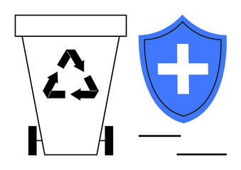 Recycling bin with eco-friendly symbol paired with a shield featuring a medical cross, symbolizing waste management, environmental care, health protection. Ideal for sustainability, health