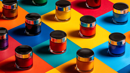 vibrant geometric background featuring colorful cosmetic jars arranged creatively showing modern skincare packaging stylish product design and aesthetic beauty presentation