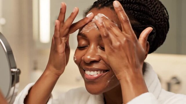 Closeup of a beautiful black woman applying white cream or moisturizer to her cheek in a bathroom setting - Powered by Adobe