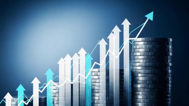 Stacks of coins with upward trending arrows on a blue gradient background