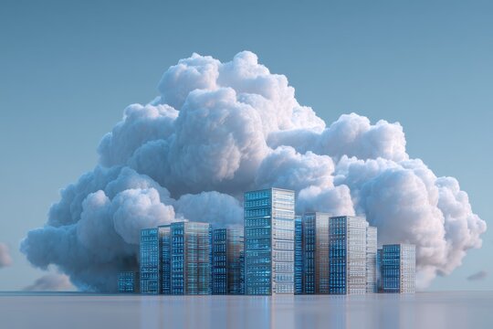Modern buildings rise beneath a large, fluffy cloud, showcasing the integration of cloud computing and data storage technology in urban development